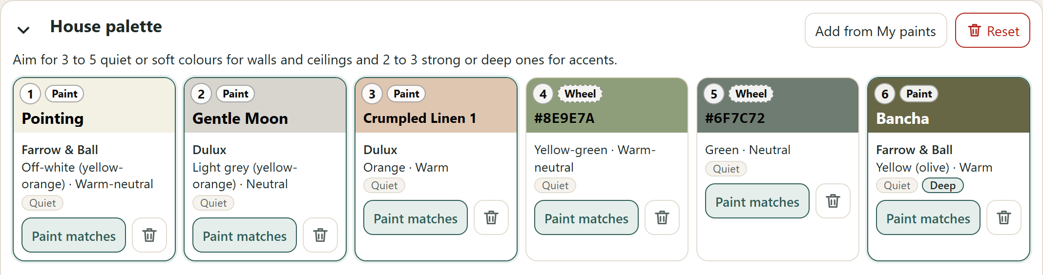 The MyPaintPlan house palette: six colour tiles numbered one to six, with Quiet and Deep description pills. Four carry a Paint badge with a real paint name: Pointing (Farrow & Ball), Gentle Moon and Crumpled Linen 1 (Dulux) and Bancha (Farrow & Ball). Two carry a Wheel badge and a hex code, for colours not yet matched to a paint.